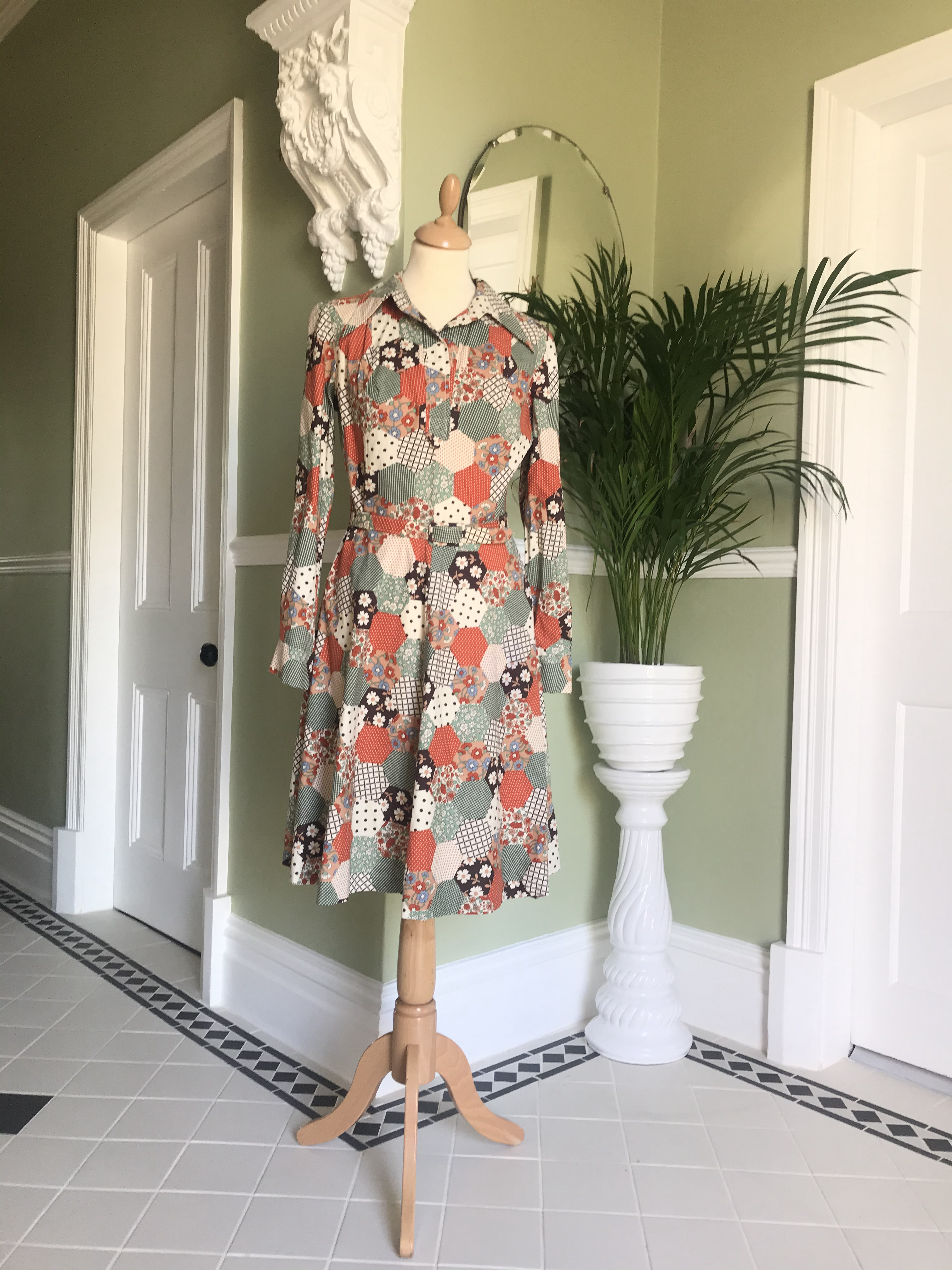 1970s Cream and Tans Faux Patchwork Dress Front View