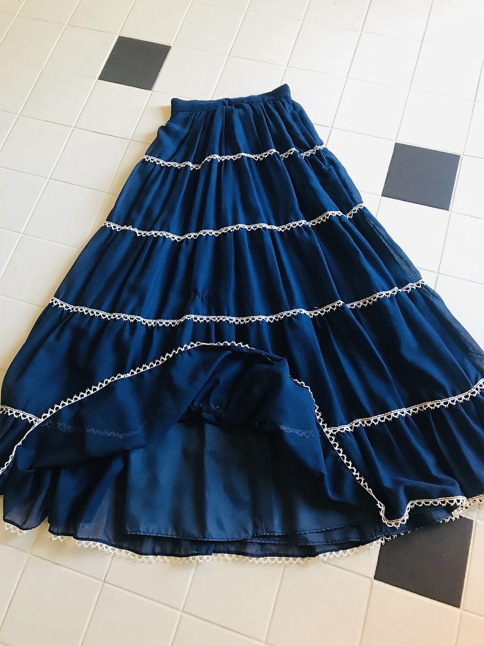 Thumbnail: 1970s Navy Tiered Maxi Skirt & Bell Sleeve Top By After Six For Roynald Joyce Flat View