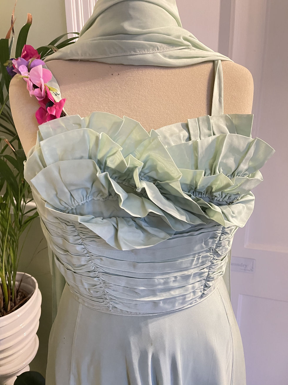 Thumbnail: 1950s Pale Green Long Chiffon Gown Front View