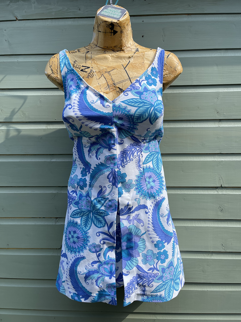 Thumbnail: Original 1970s Two Piece Swim Set in Blues and White by Slix