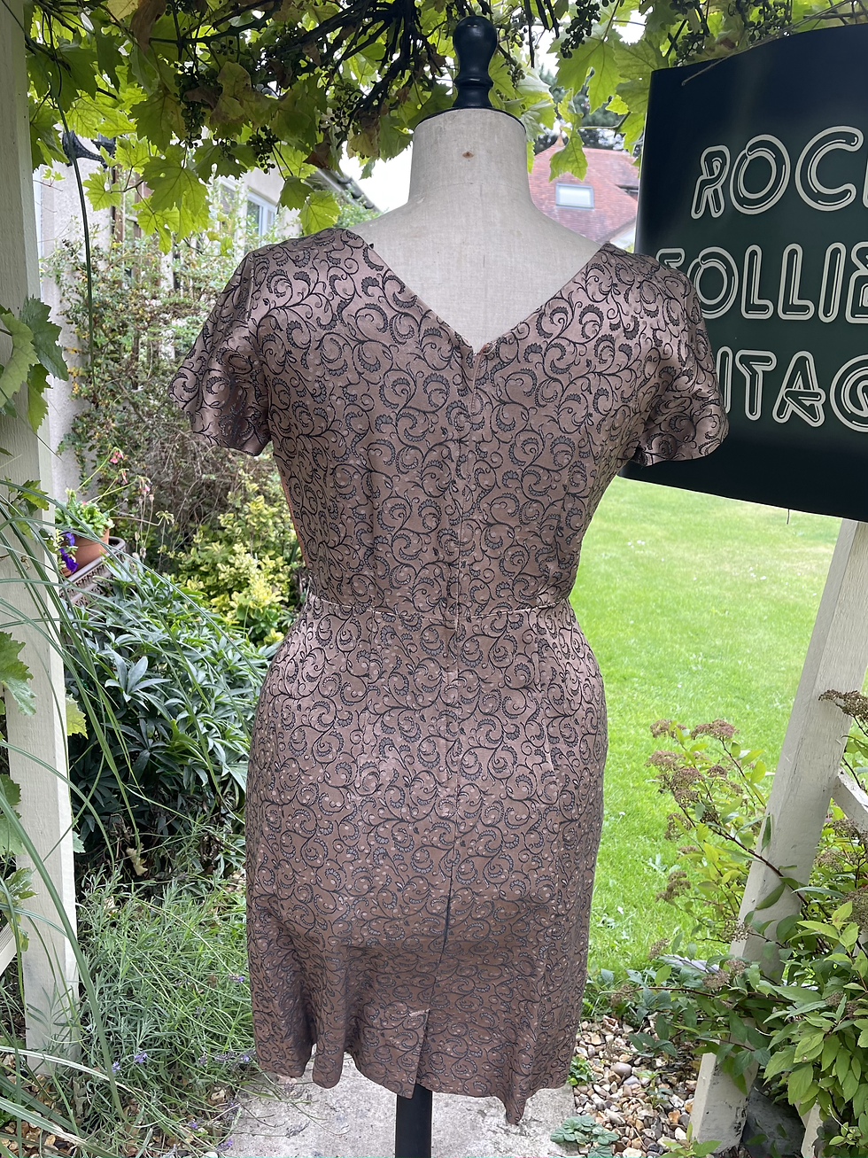 Thumbnail: 1950s Light Brown and Black Jacquard Dress with Pleated Sash