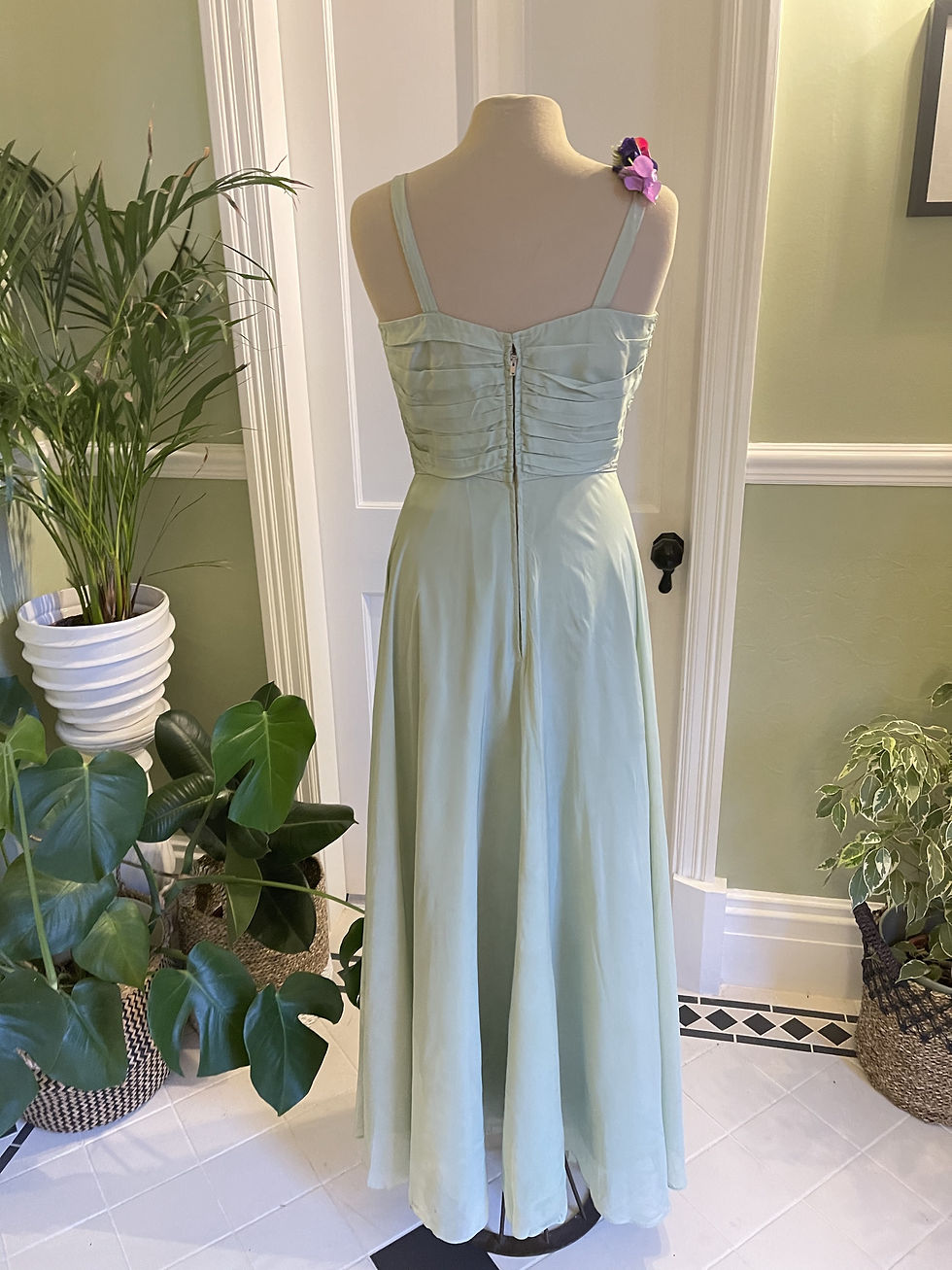 Thumbnail: 1950s Pale Green Long Chiffon Gown Back View