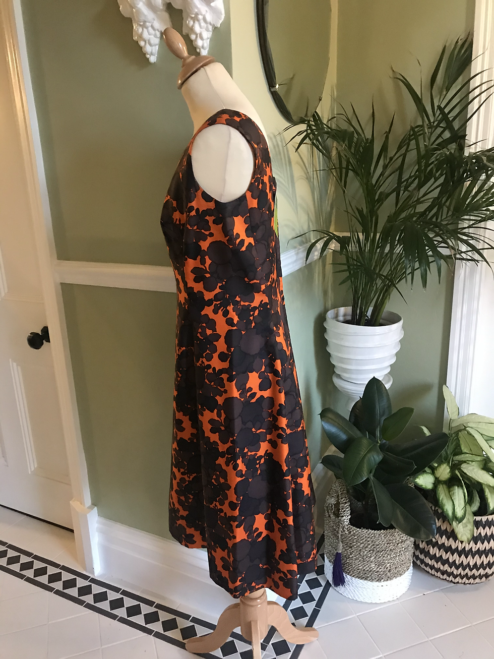 Thumbnail: 1960s Orange and Brown Silk A Line Dress Side View