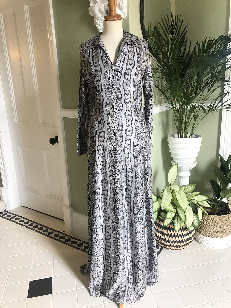 Thumbnail: 1970s Grey Python Print Maxi Dress Front View