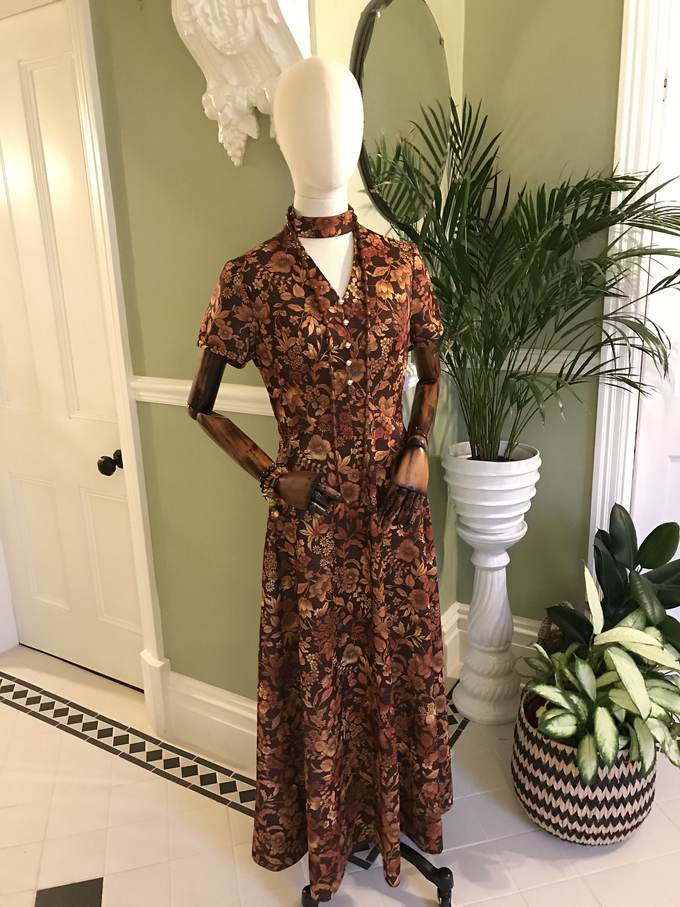 Thumbnail: 1970s Autumn Coloured Maxi Dress with Choker Neck Line Front View