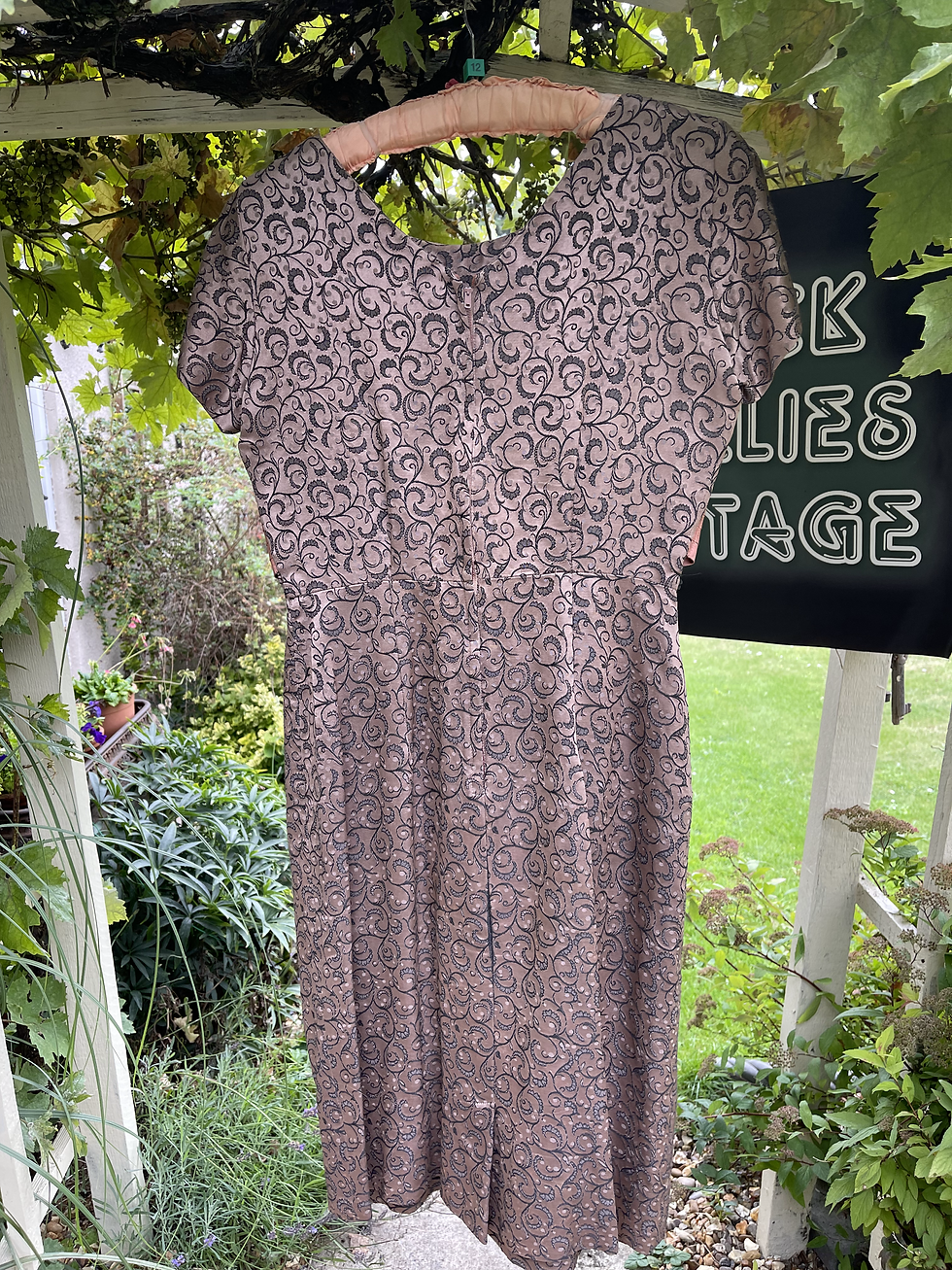 Thumbnail: 1950s Light Brown and Black Jacquard Dress with Pleated Sash