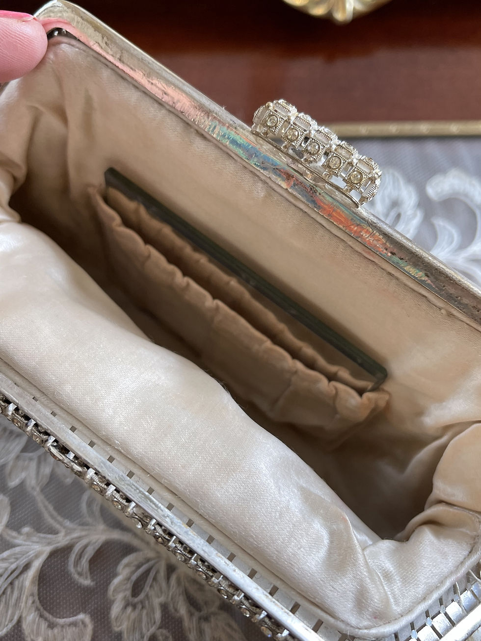 Thumbnail: Creamy Ivory Silk Bag with Silver Filagree Tone Metal Frame Decorated in diamanté stones.