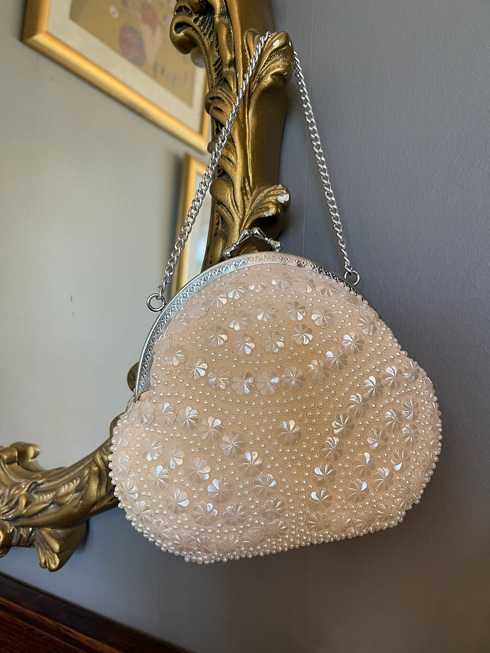Thumbnail: 1970s Cream Beaded Evening Purse with Silver Chain and Frame