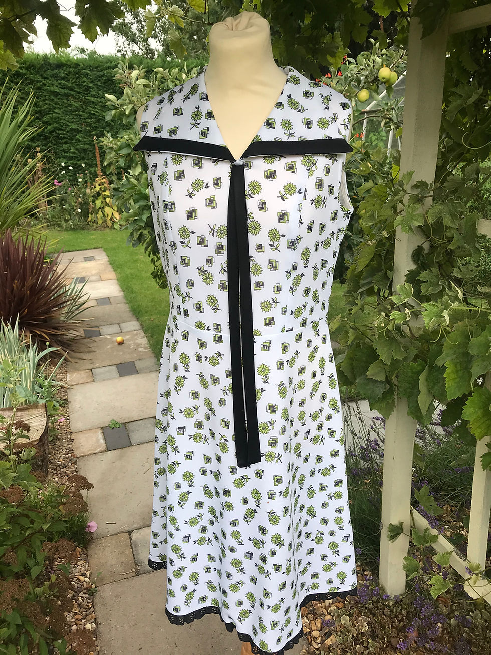 Thumbnail: 1970s Scooter Dress White Print Black Trim Front View