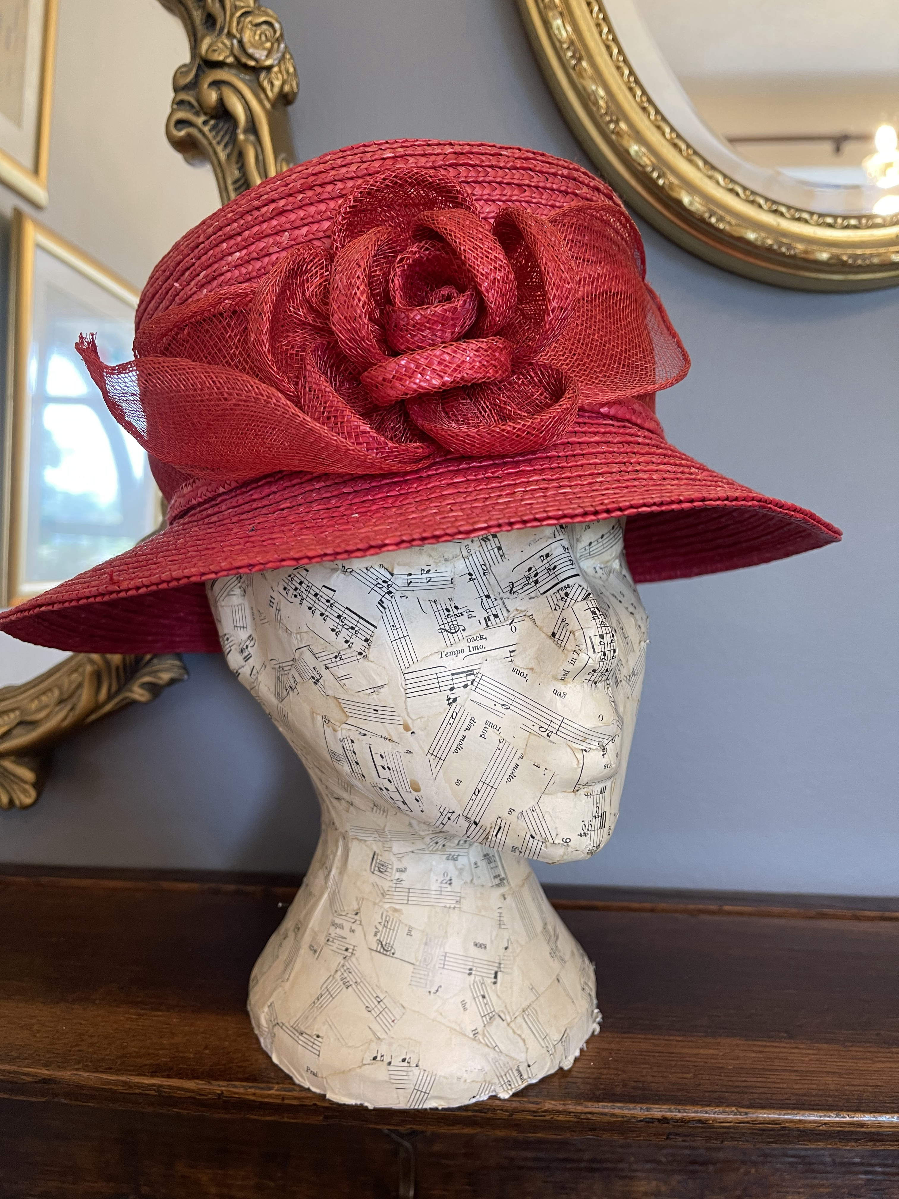 1980s Coral Red Brimmed Straw Hat by Etmar New York