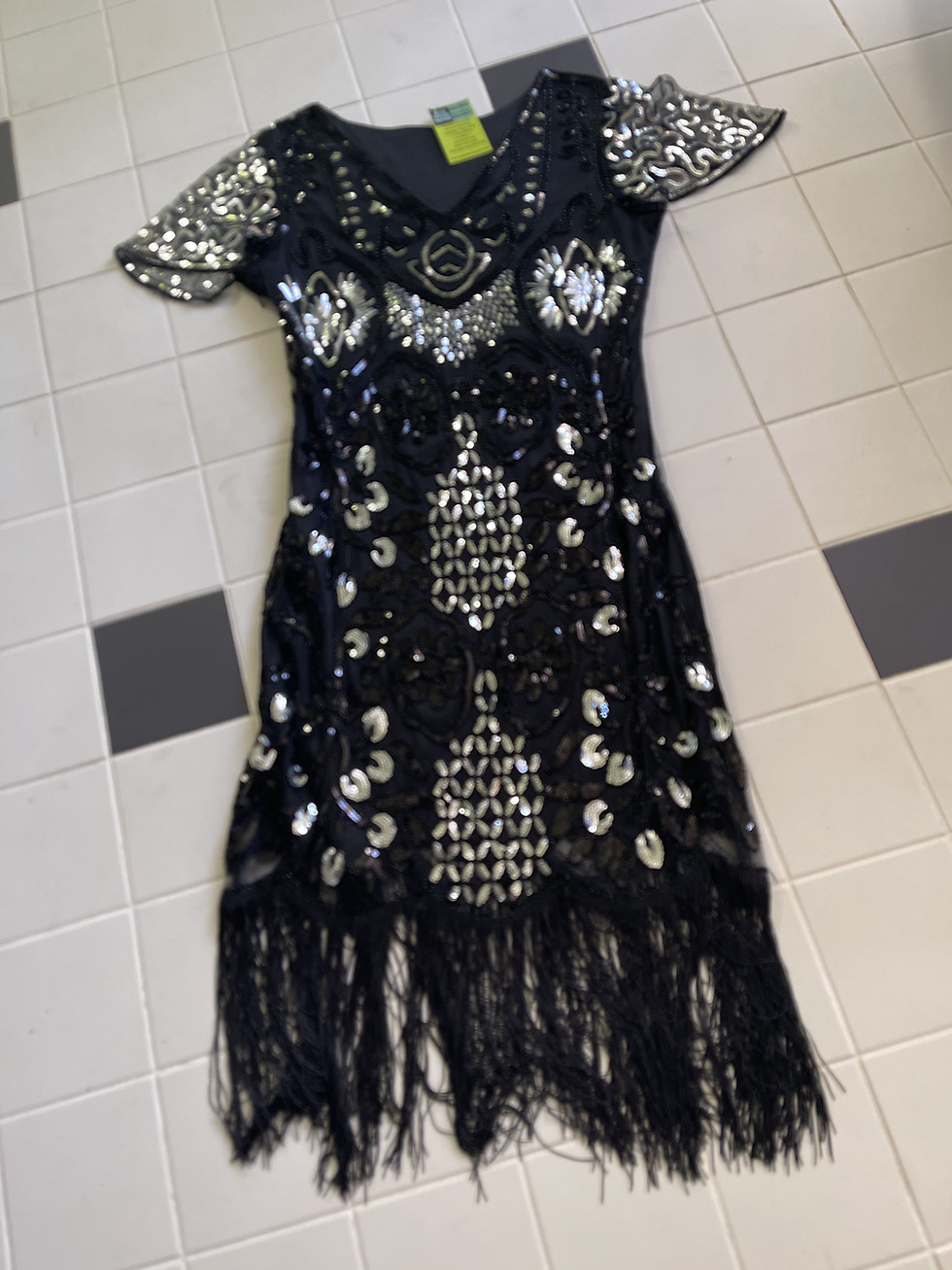 Thumbnail: 1920s Style Fringed Black and Silver Sequinned Dress Flat View