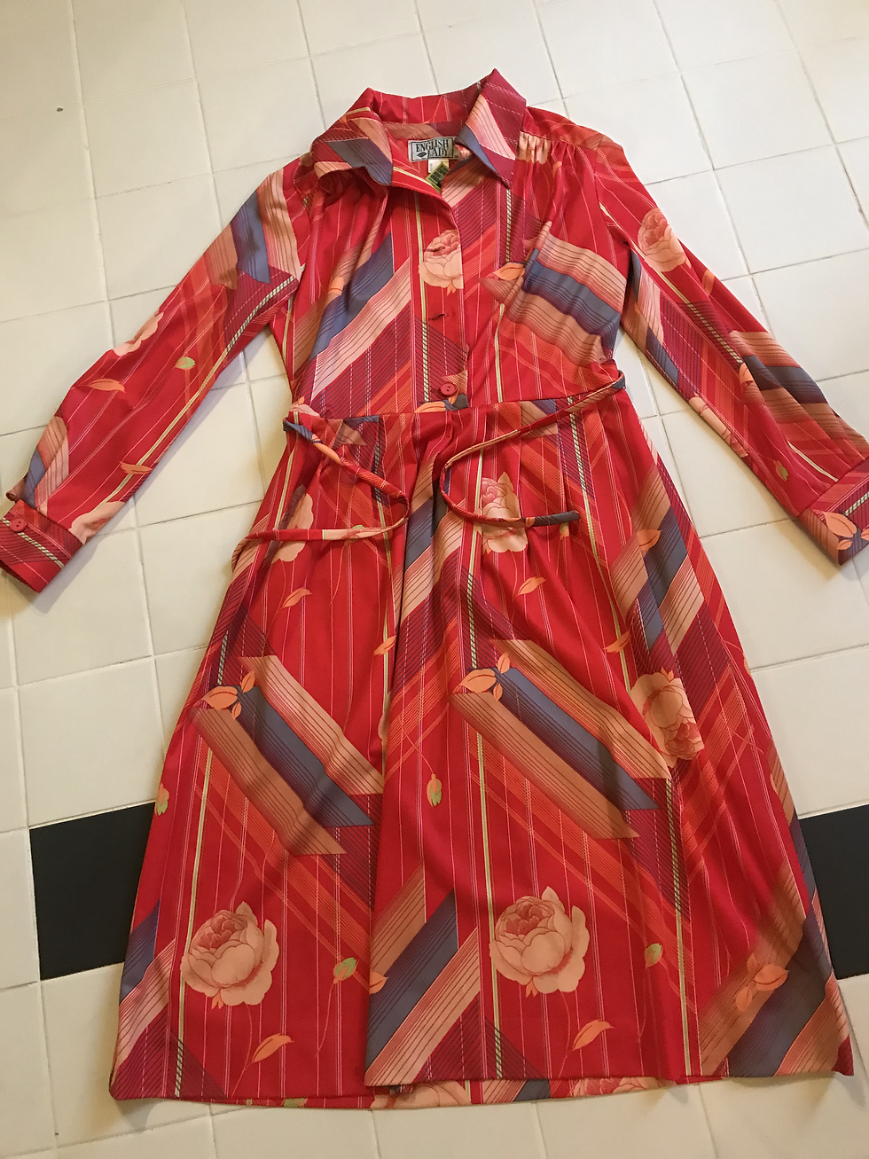 Thumbnail: 1970s Orange & Reds Pleated  Shirt Dress Flat View