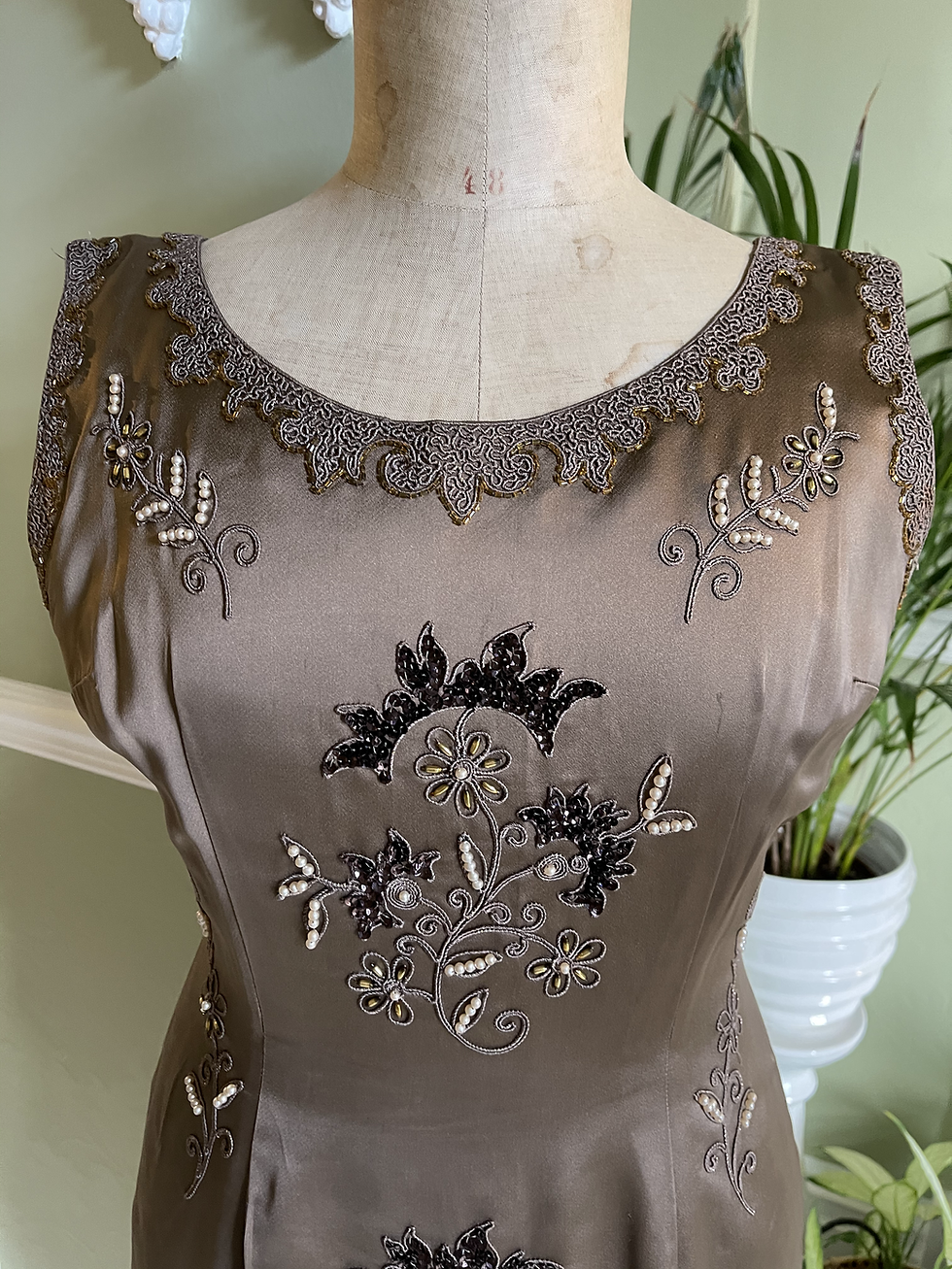 Thumbnail: 1950s Hand Beaded Satin Wiggle Dress Front View