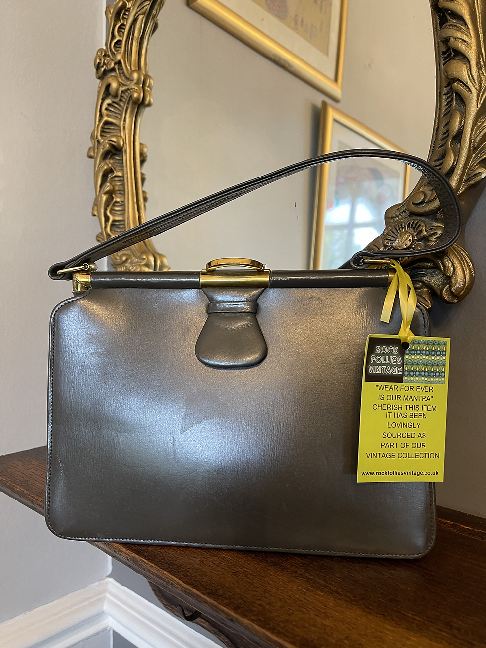 1940s Grey Leather Frame Handbag with Brass