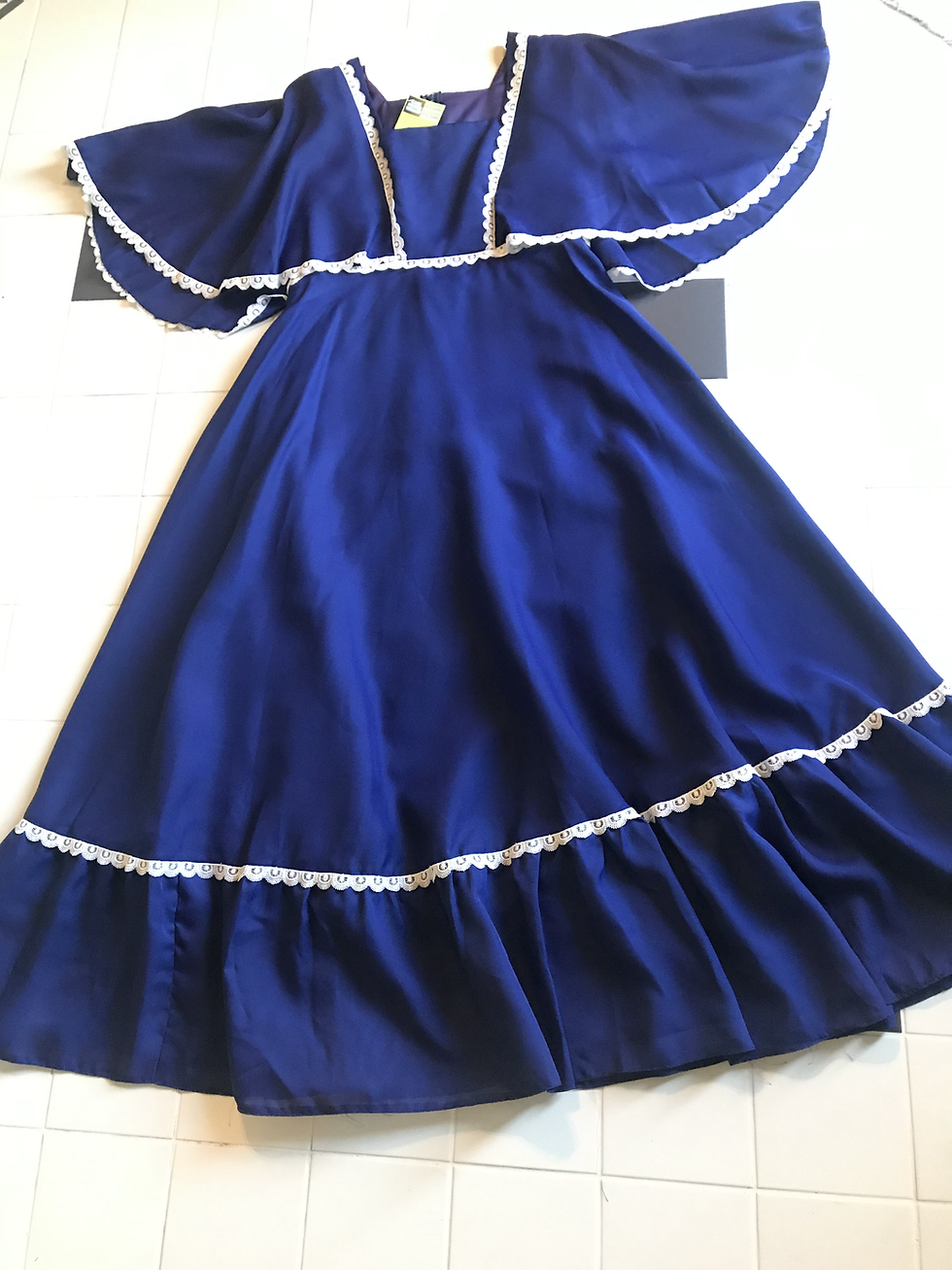 Thumbnail: 1970s Navy and White Maxi Dress with Angel Sleeves Flat View