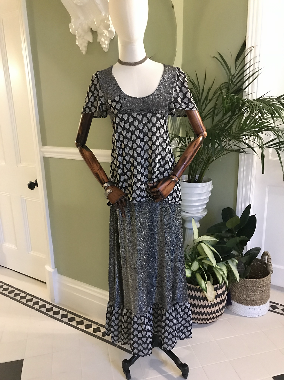 Thumbnail: 1970s Black and Silver Lurex Skirt and Top Front View