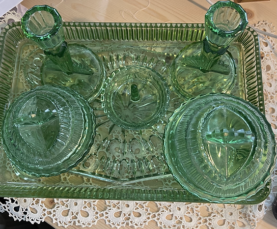 1930s Green Glass Dressing Table Set | Rock Follies Vintage 1930s Green Glass Dressing Table Set | Rock Follies Vintage