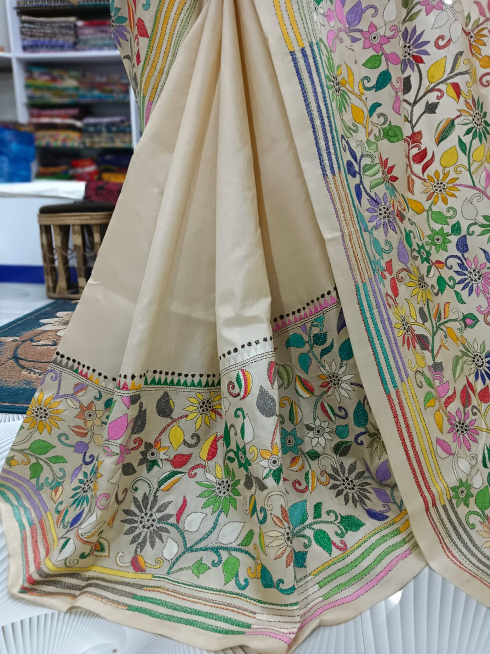 Thumbnail: Kantha Stitch Saree on Tussar Silk #0602514