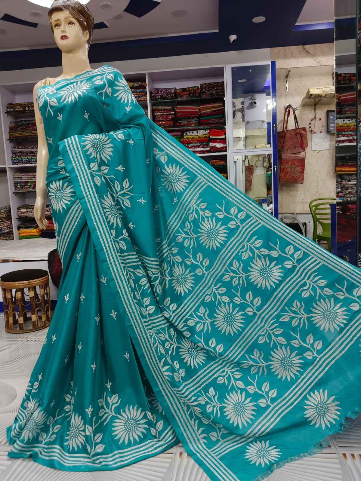 Kantha Stitch Saree on Blended Bangalore Silk #8135