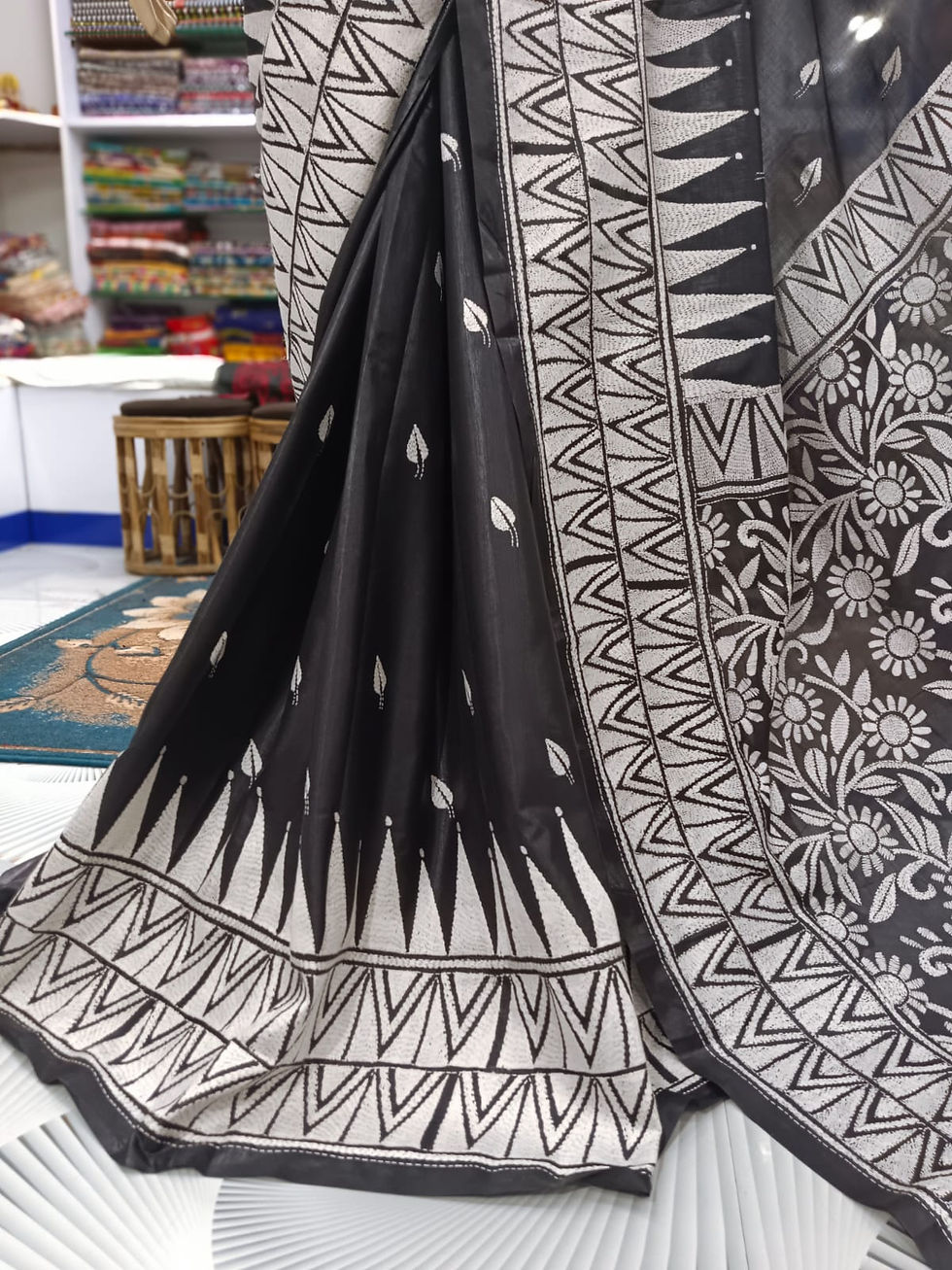 Thumbnail: Kantha Stitch Saree on Blended Bangalore Silk #0602511