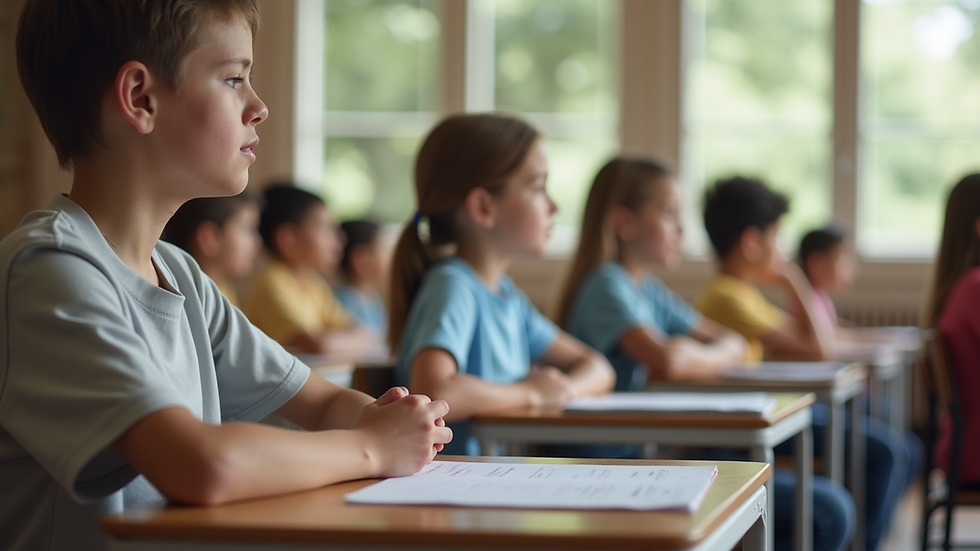Eye-level view of a classroom with students practicing mindfulness