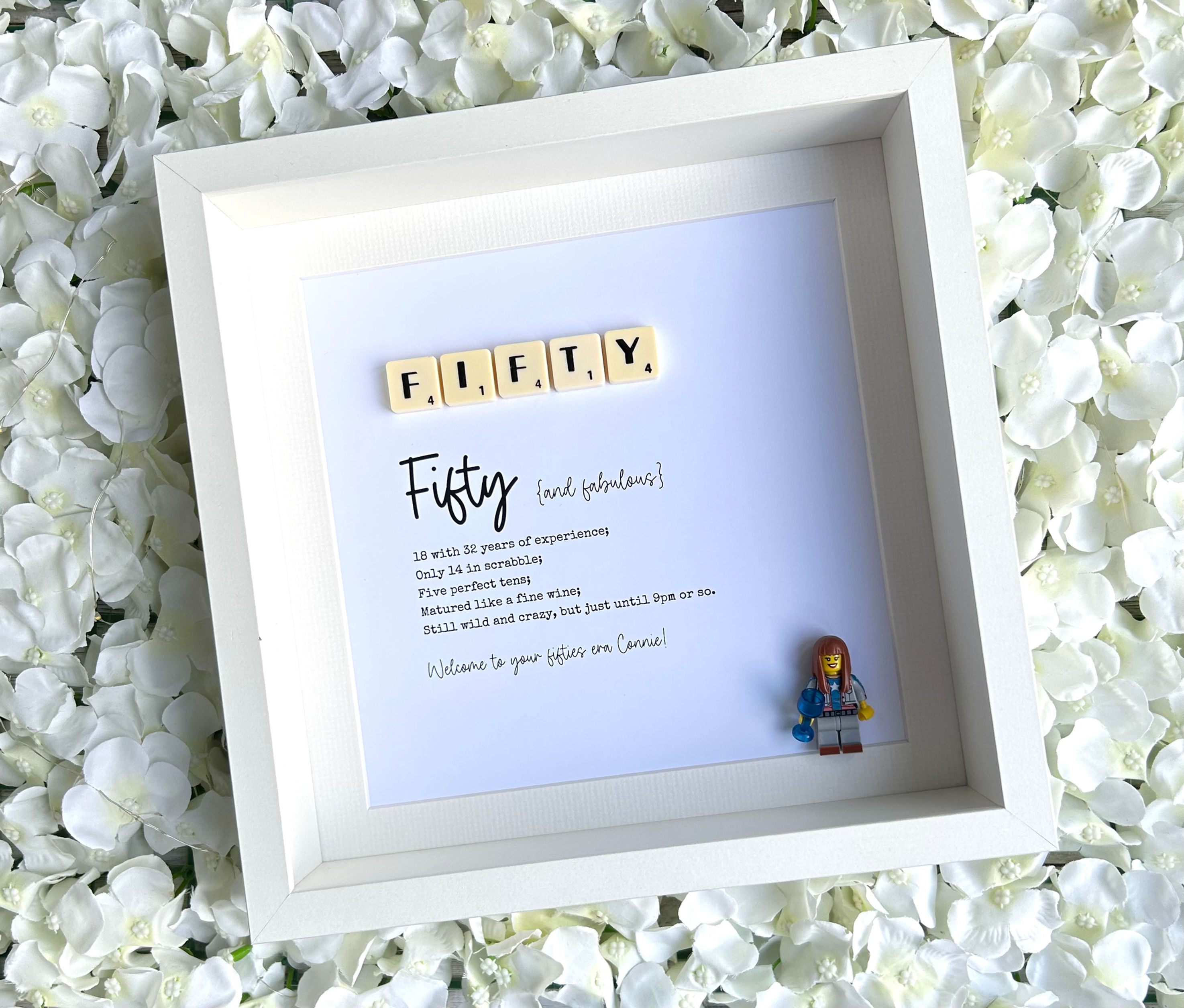 Fifty 50th Birthday Personalised Scrabble and Minifigure Frame