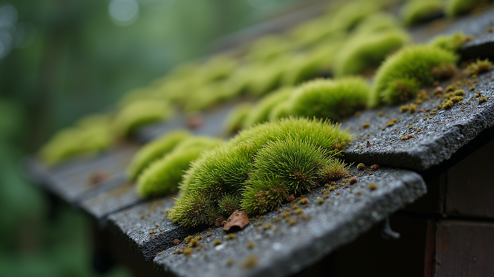 Close-up of moss growing on an asphalt shingle roof