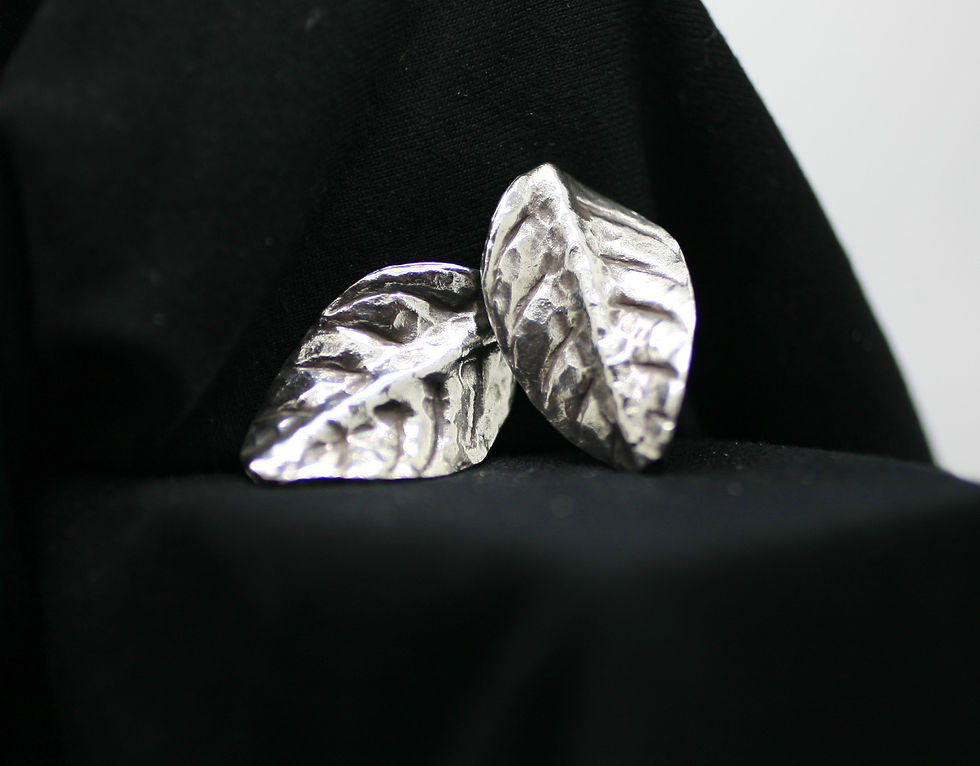 Thumbnail: Two Thai silver leaf shaped beads with leaf-like rib/groove patterns