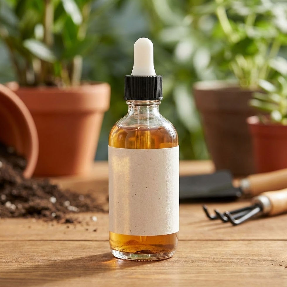 Glass dropper bottle filled with amber liquid plant biostimulant placed on a wooden table with gardening tools and potted plants in the background.