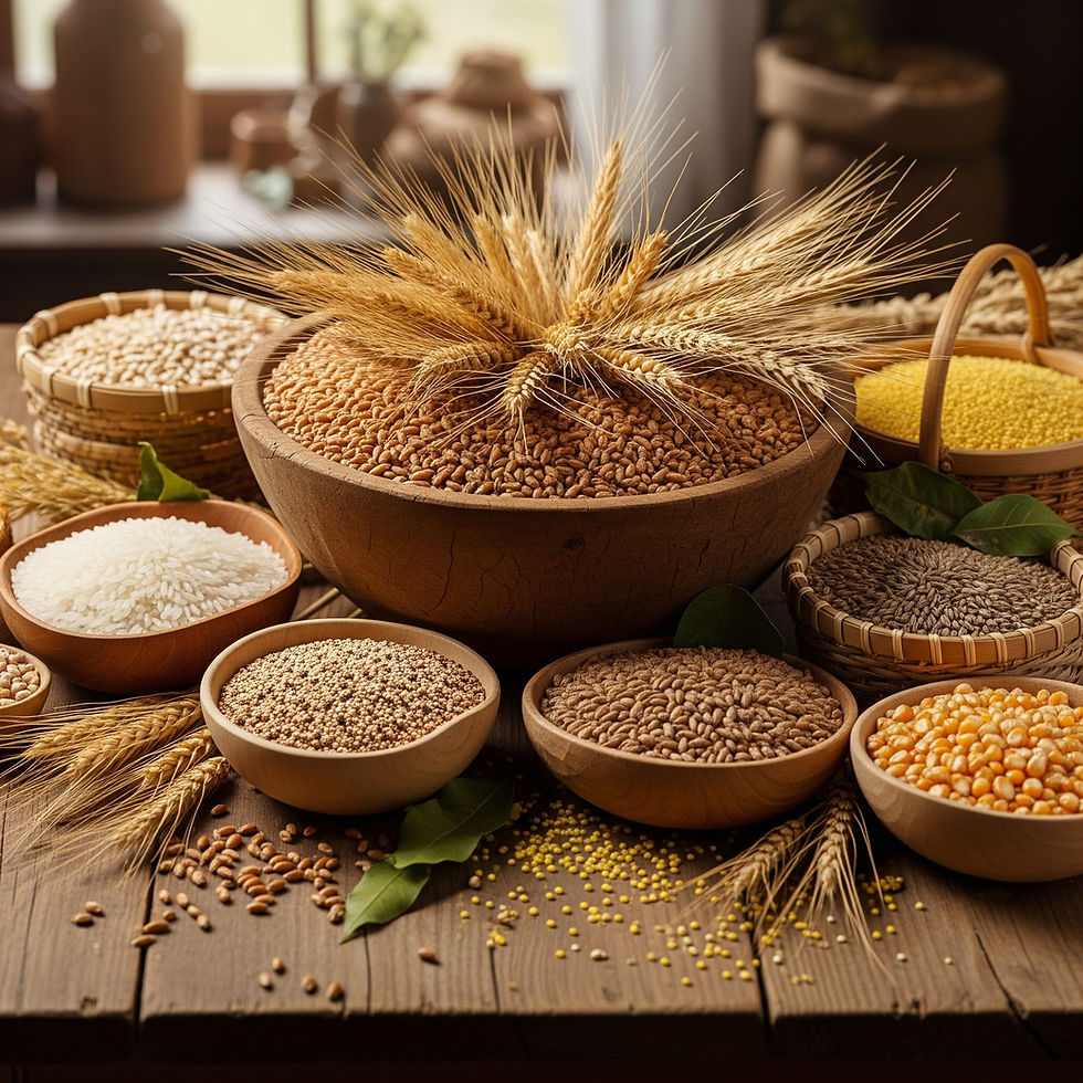A rustic wooden table displaying a variety of farm fresh grains and cereals, including wheat, rice, millet, corn and pulses arranged in wooden and woven bowls with wheat stalks placed decoratively on top.