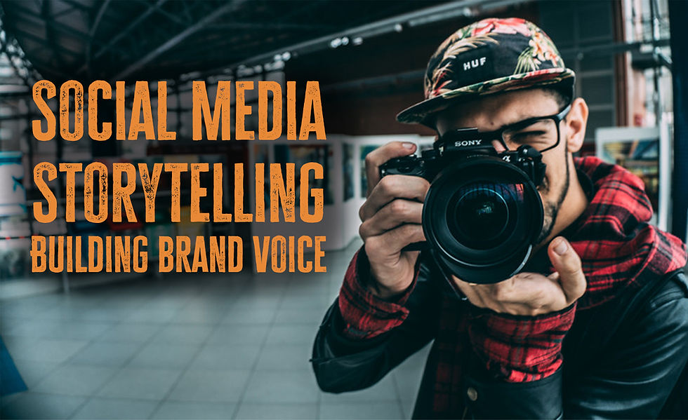 Photographer in a floral cap and red plaid shirt holds a Sony camera in focus with blurred industrial background. Text: Social Media Storytelling.