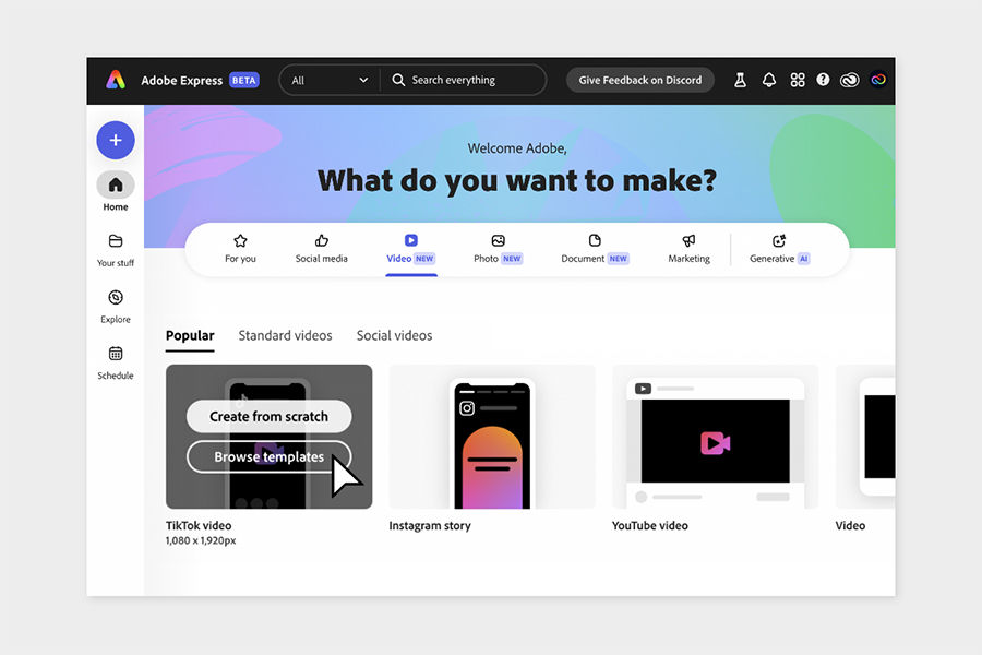 Homepage of Adobe Express with navigation options. A cursor hovers over "Browse templates." Background is light with pastel colors.