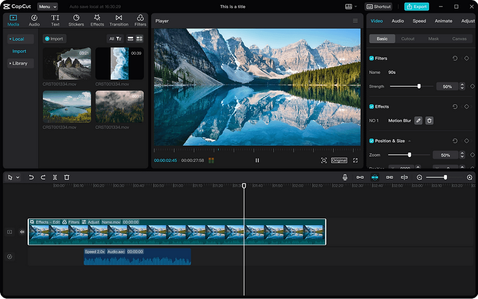Video editing software screen showing a blue lake with mountain reflection. Timeline below, filters on the right, and clip selection on the left.
