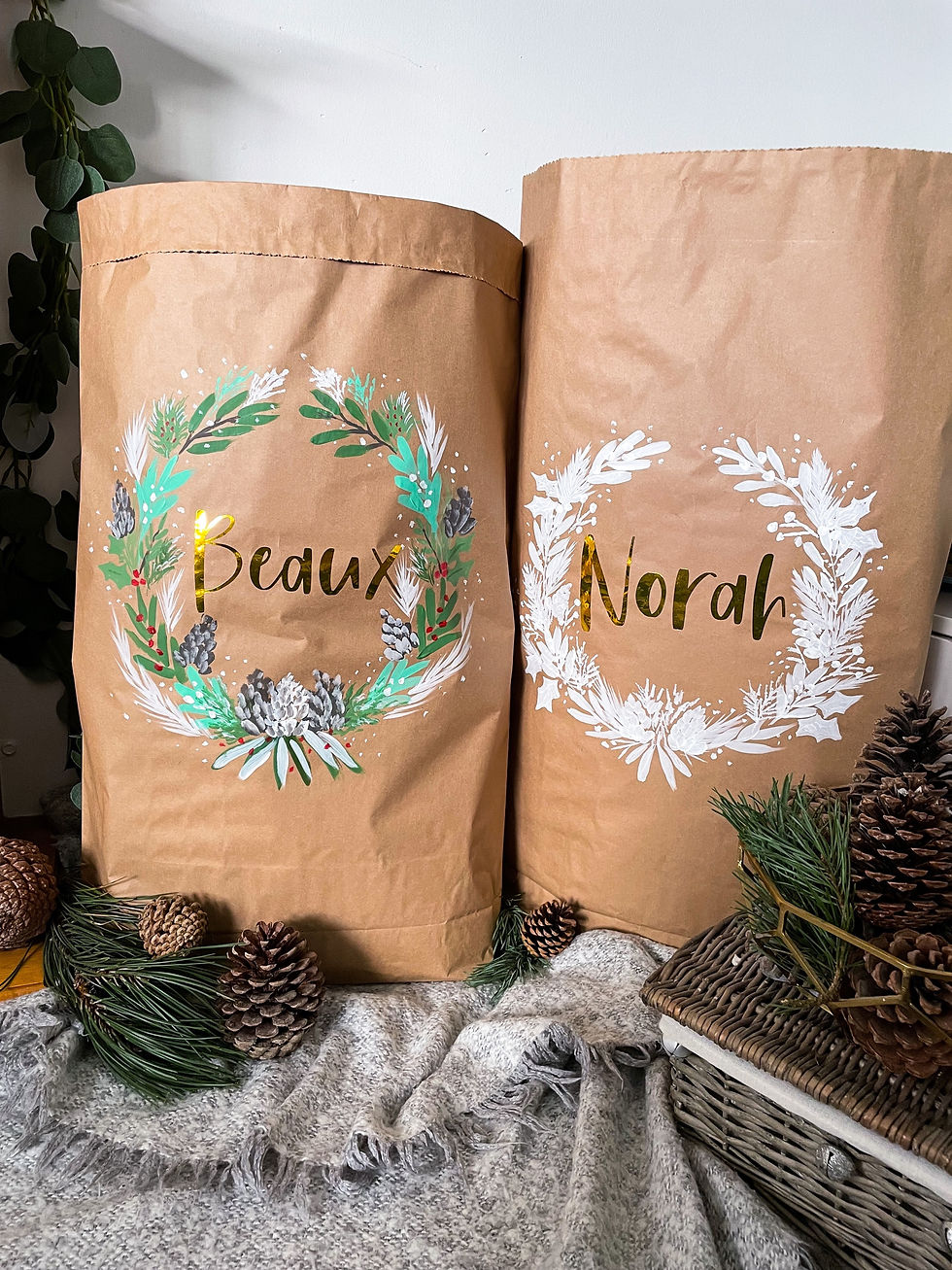 Large Hand Painted Kraft Christmas Sacks