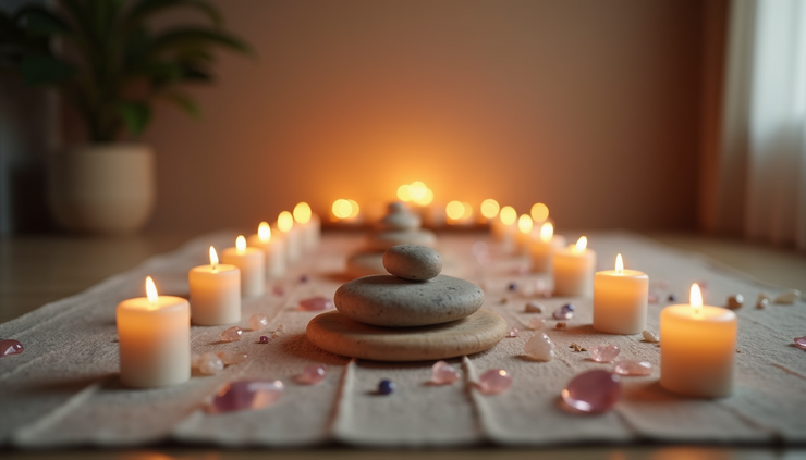Eye-level view of a quiet meditation space with candles and crystals arranged for a spiritual ritual