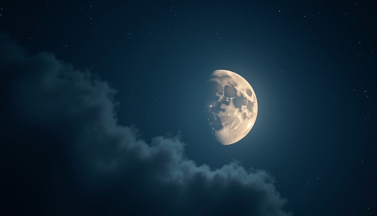 Close-up view of a dark night sky with a glowing new moon surrounded by stars