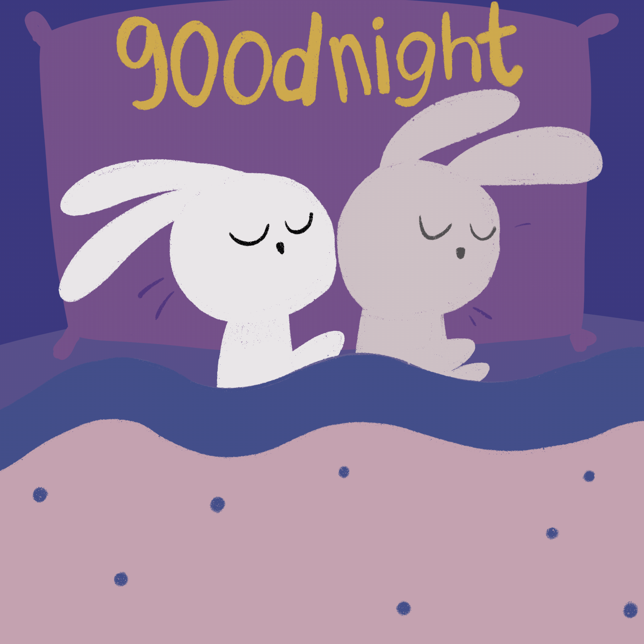 An artistic hand-drawn animated GIF with two snuggly bunnies going to sleep to wish goodnight
