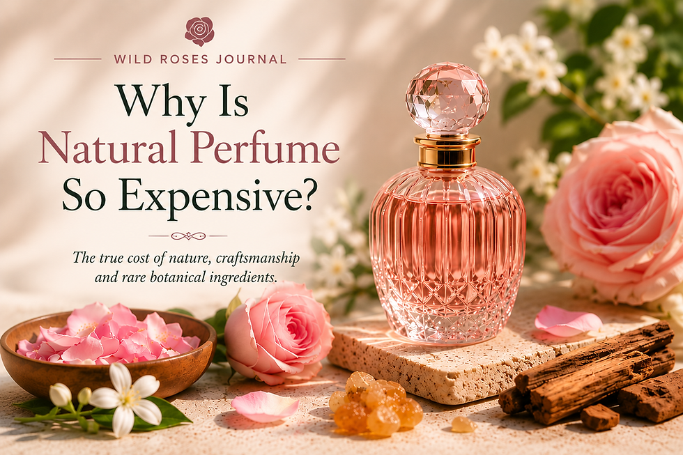 Pink Venetian-style perfume bottle surrounded by roses, jasmine flowers, sandalwood and natural resins, illustrating the rare ingredients and craftsmanship behind natural perfume.