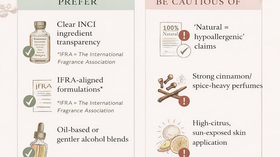 Infographic about choosing natural perfume for sensitive skin, covering fragrance ingredients, safety guidelines, and gentle alternatives.