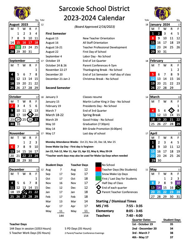 DISTRICT CALENDAR Sarcoxie Schools