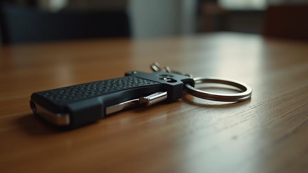 High angle view of a self-defense keychain on a table