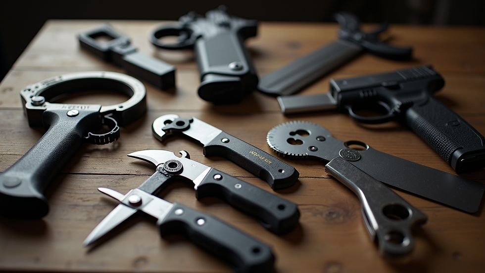 High angle view of a collection of self-defense tools laid out on a table