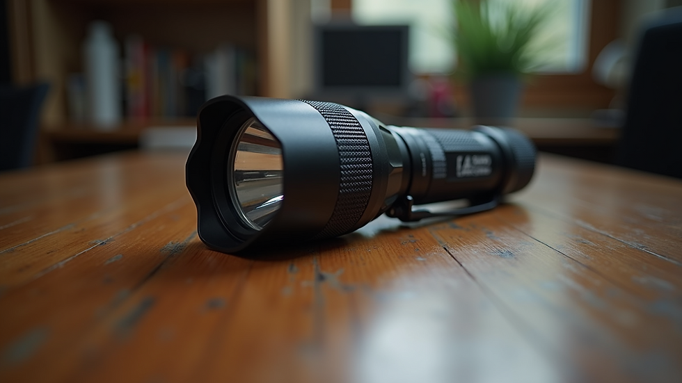 Eye-level view of a tactical flashlight on a wooden table