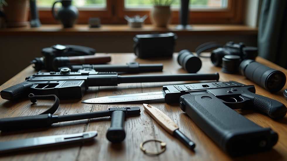 High angle view of assorted self-defense tools laid out on a table
