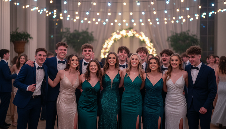 Wide-angle view of happy teenagers posing for school Prom group photos
