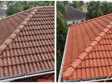 Before and after tile roof cleaning showing dark algae stains removed and tiles restored to a clean surface