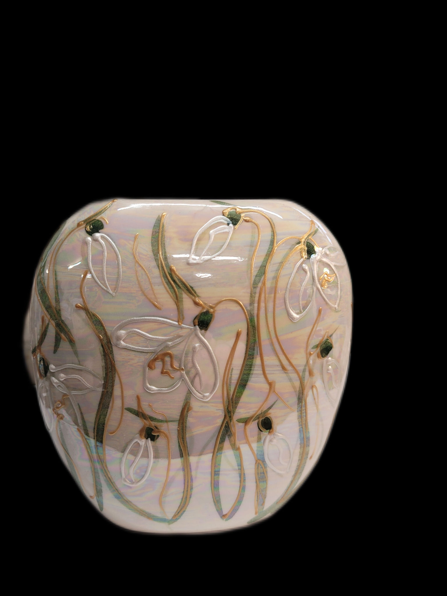 Beautiful handpainted mother of pearl lustre & tube lining 12 cm snowdrops vase 