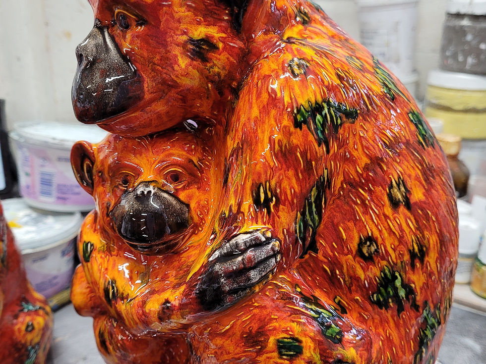 Thumbnail: 26cm mummy chimp and baby stunning glazes,hand made hand painted a  
