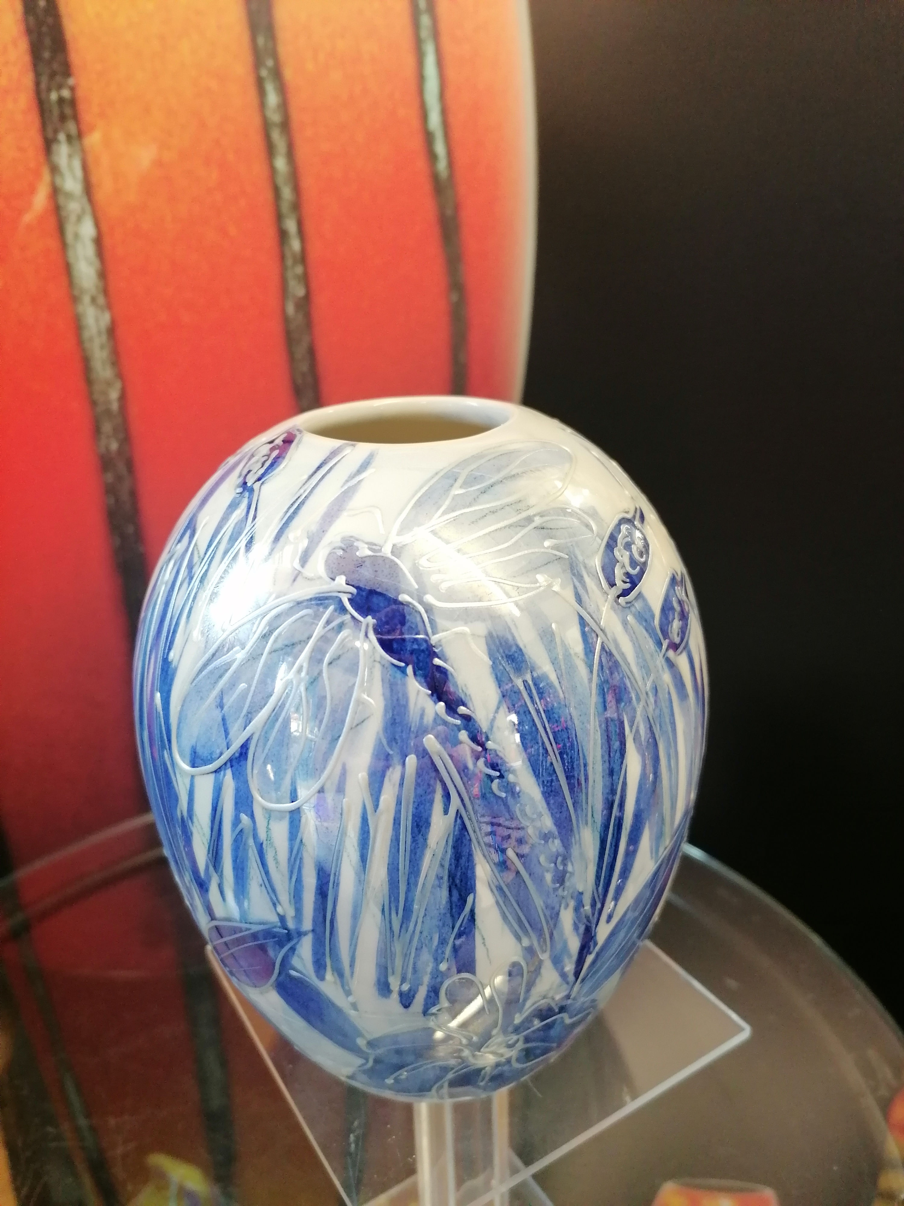 Blue and white with silver lustre 16cm vase