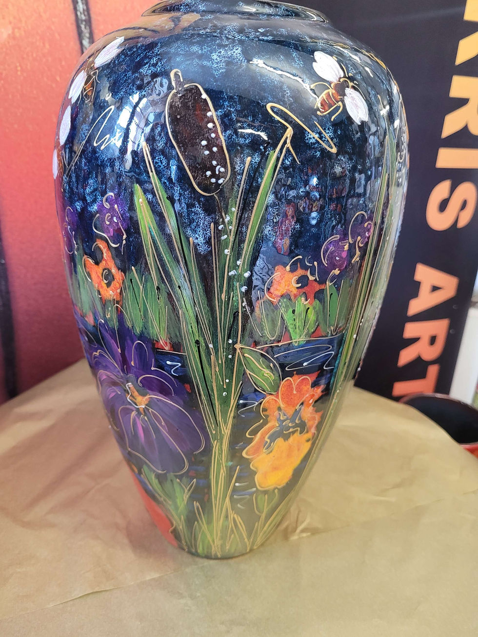 Thumbnail: 35cm vase hand painted blue bee brook design 